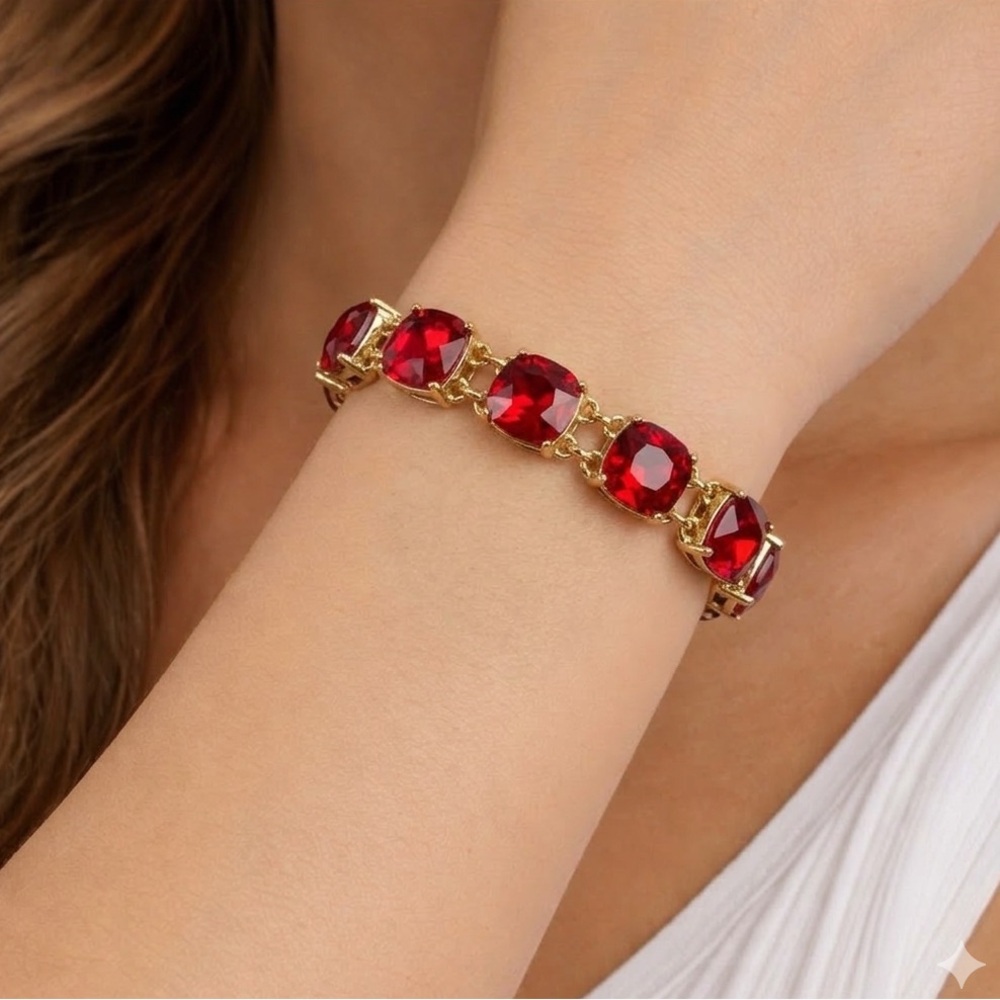Cosmopolitan Gold Tone Red Crystal Bracelet | Cushion Cut Toggle Clasp